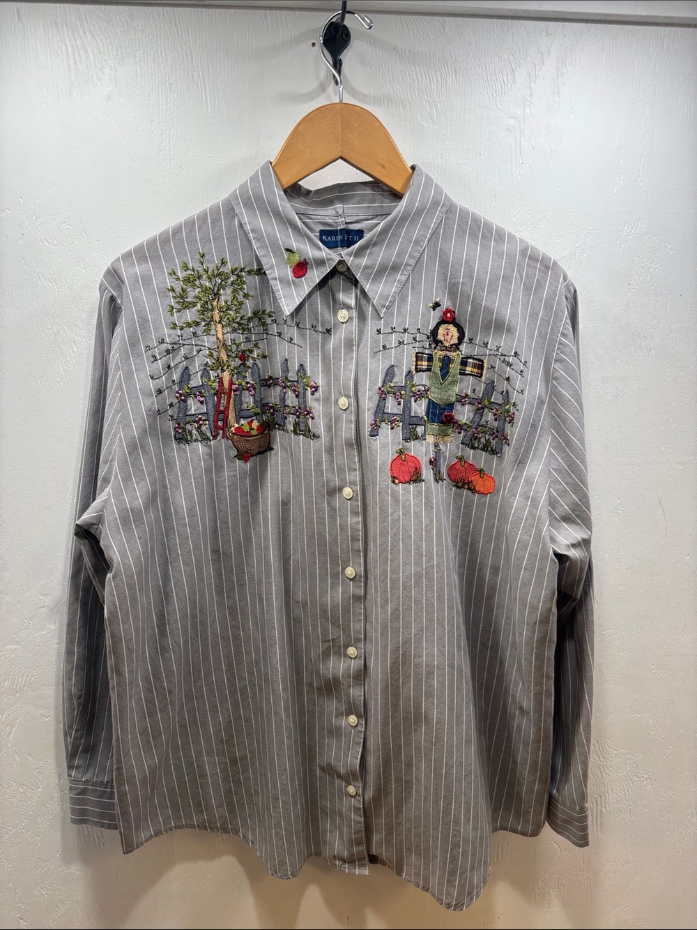 VTG 90s Karen Scott Embroidered Fall Halloween Pinstripe Button Down Shirt 1X